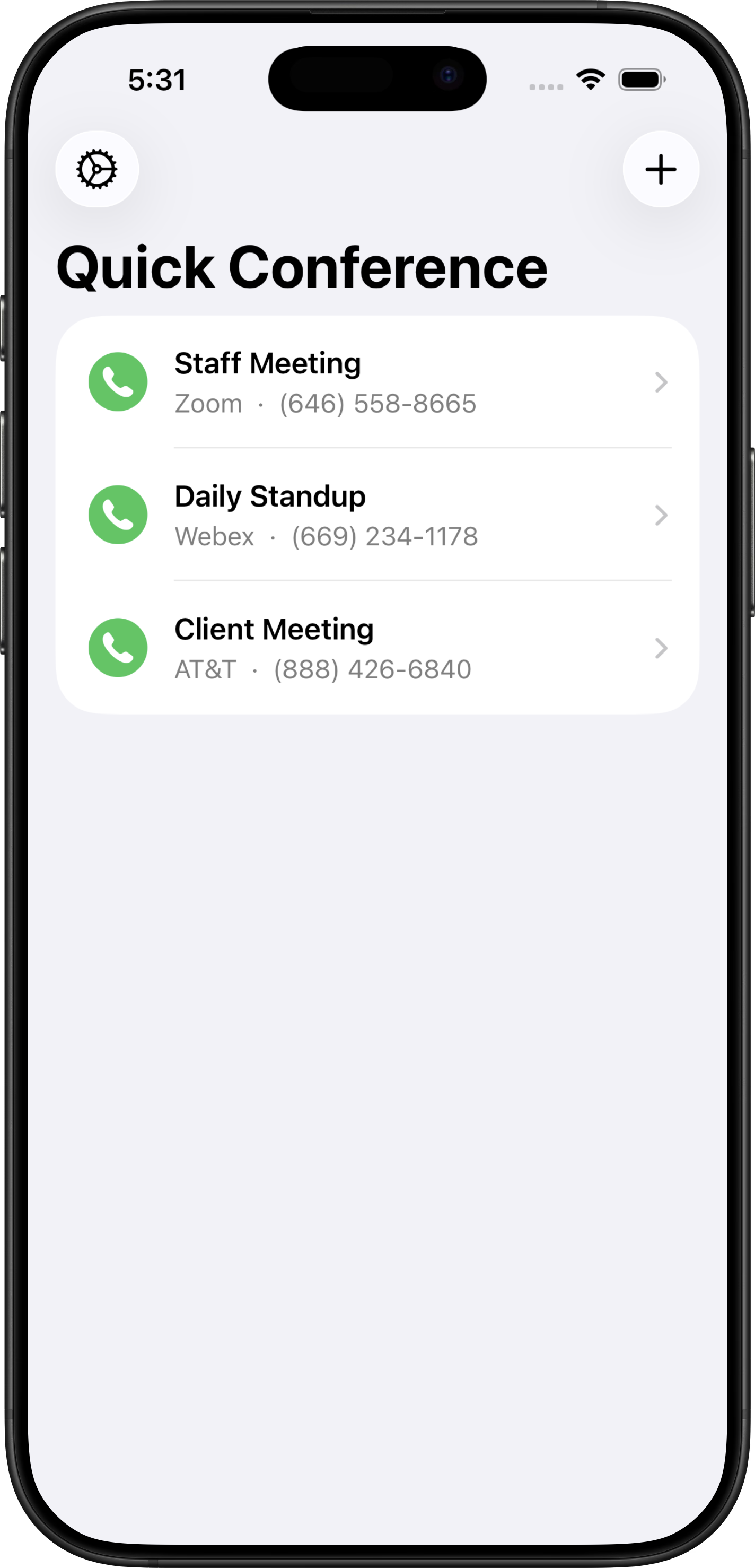 Quick Concall main screen showing a list of conference calls